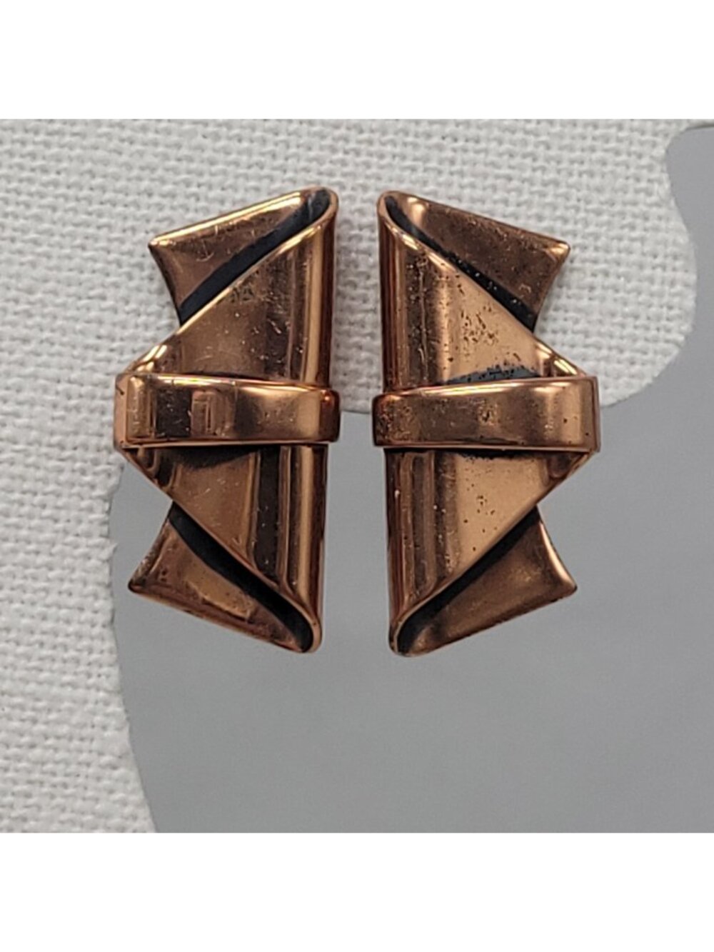 Vtg Renoir Copper Art Deco Clip-On Earrings Folded Ribbon Mid-Century Modern
